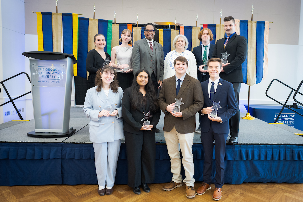 President Ellen M. Granberg and Provost Christopher Alan Bracey congratulated GW's 2025 Distinguished Scholars on Tuesday, April 22, in the Grand Ballroom at University Student Center. (Abby Greenawalt/For GW Today)