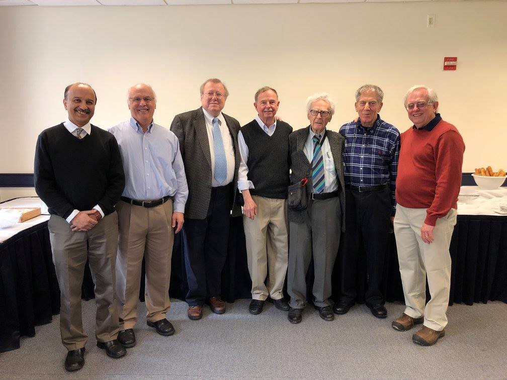 Current and former chairs of the department (from left): Joshi, Phillips, Cordes, Boulier, Stewart, Goldfarb and Parsons. (Not present: Chiswick and Watson).