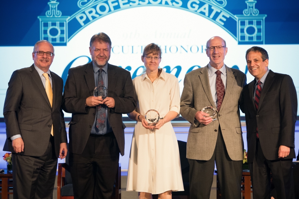 GW President Thomas LeBlanc; Trachtenberg Faculty Prize winners Hugh Gusterson, Heather Berry and Anthony Yezer and Provost Forr