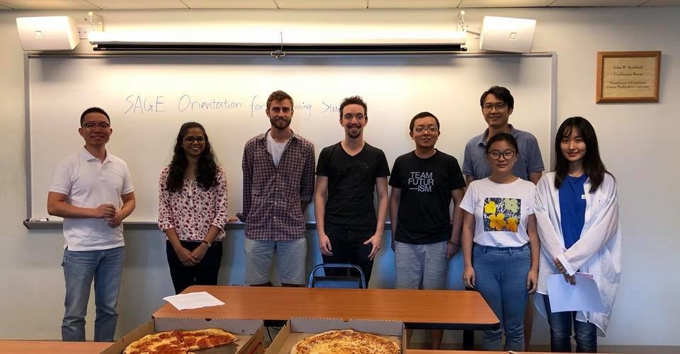(From left) Gargi Kamath, Nathaniel Harris, Frederico Haslop, Lidong Yang and Yueyi “Angela” Qin with SAGE officers Steven Chen and Bo Jiang
