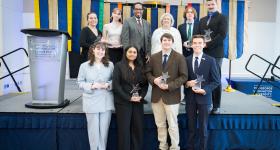 President Ellen M. Granberg and Provost Christopher Alan Bracey congratulated GW's 2025 Distinguished Scholars on Tuesday, April 22, in the Grand Ballroom at University Student Center. (Abby Greenawalt/For GW Today)